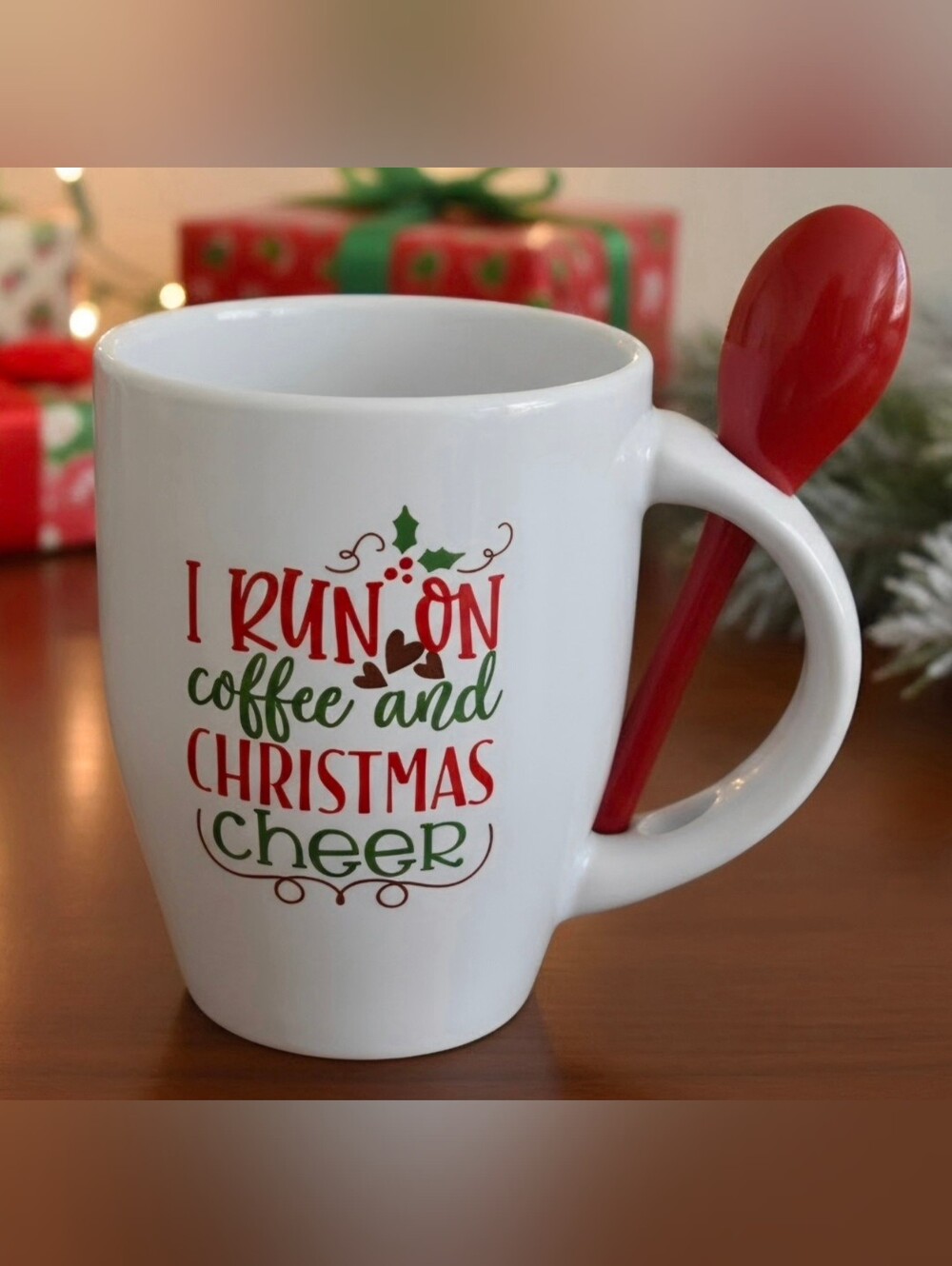 I Run On Coffee and Christmas Cheer White Holiday Mug with Red Spoon